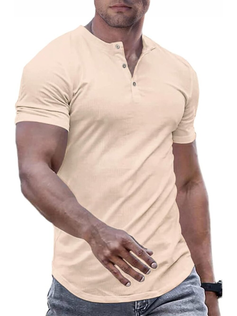 Men's Apricot Muscle Slim Henley Crewneck Longline Athletic Button Tees Shirts